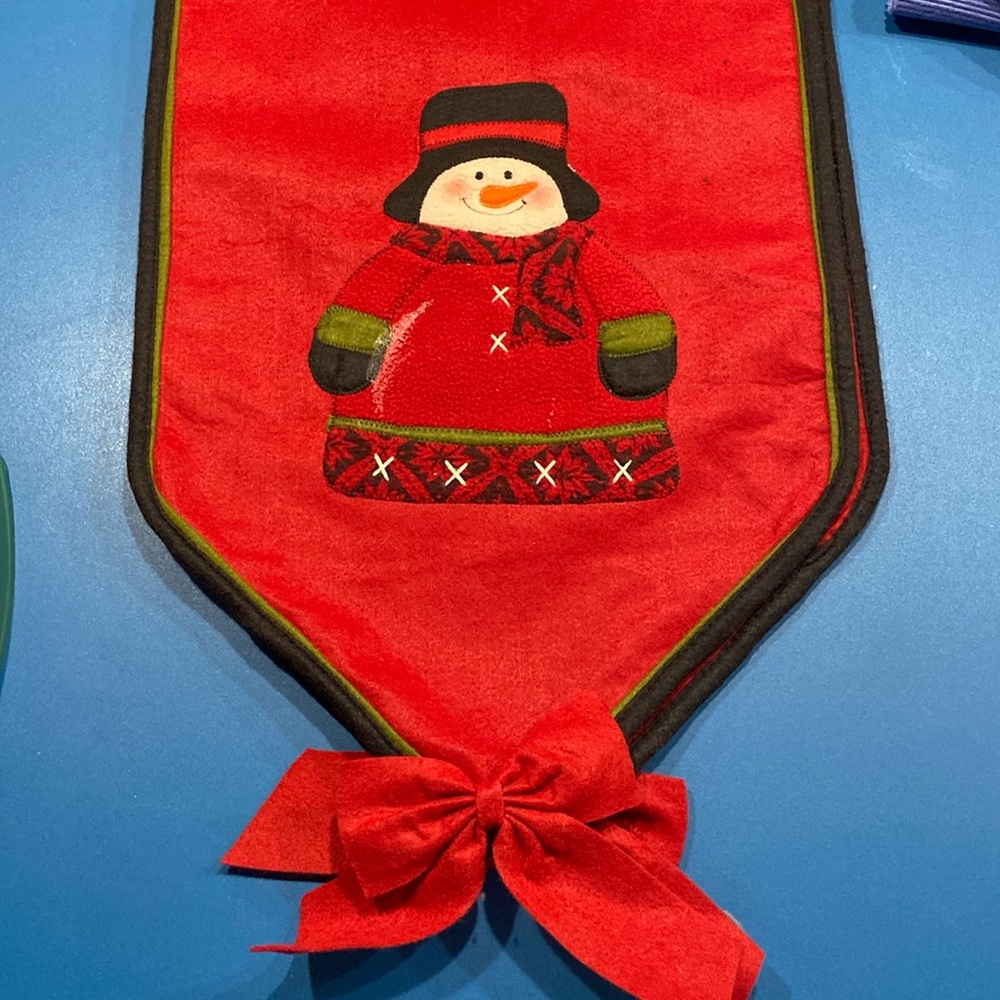 70” embroidered red felt snowman table runner Christmas table decor